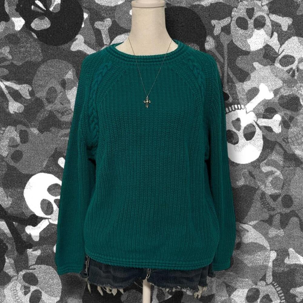 open cable texture cozy ribbed trim soft teal knit sweater